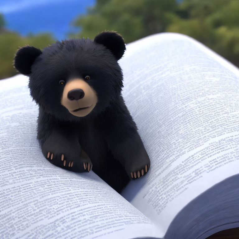 Adorable animated black bear cub on open book with blurred natural background