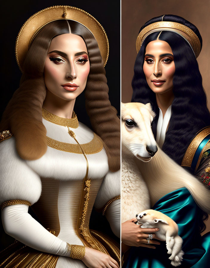 Digital artwork split in two: Renaissance noble woman in white and gold dress with halo, and in Te