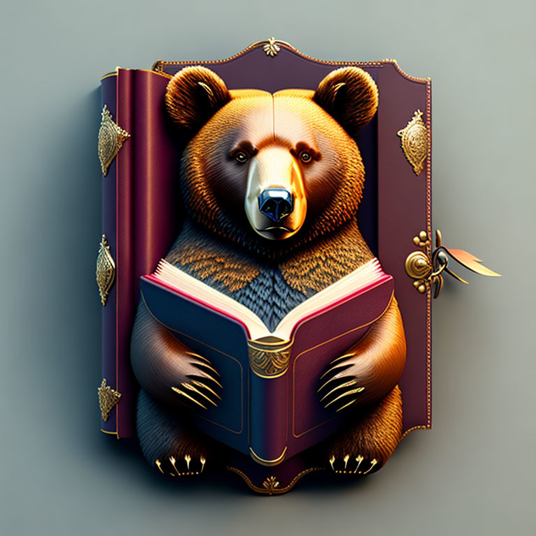 Illustrated bear with book body and open book held by paws on grey background