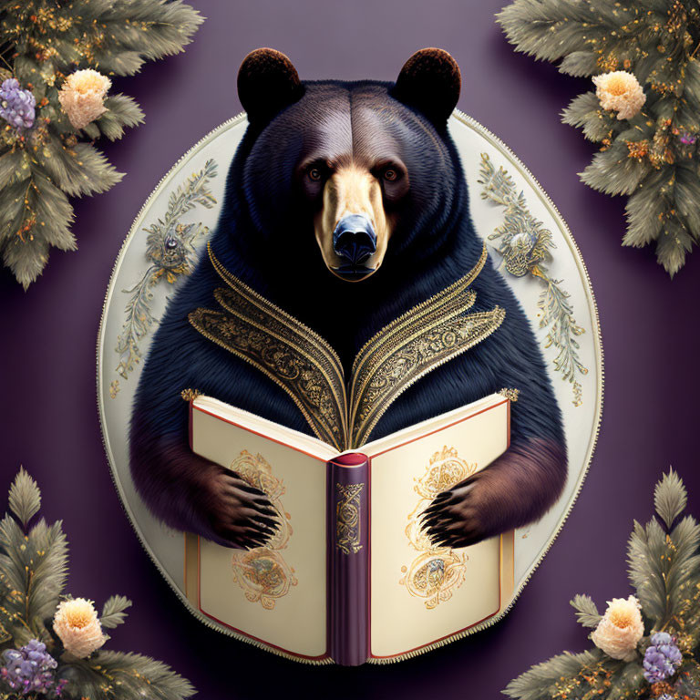 Illustrated bear in coat with book on purple background.