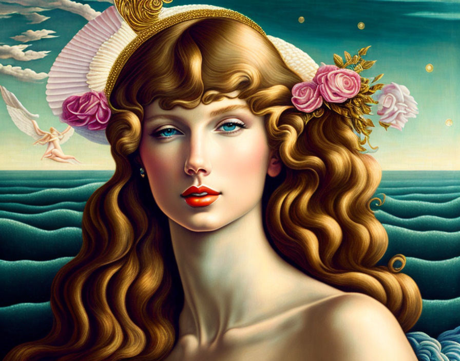 Surrealist portrait of woman with sundial hat and roses against sea and sky backdrop