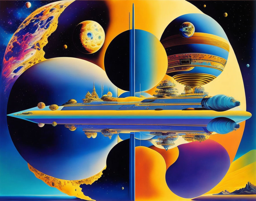 Futuristic sci-fi painting: spaceship over planetary landscape