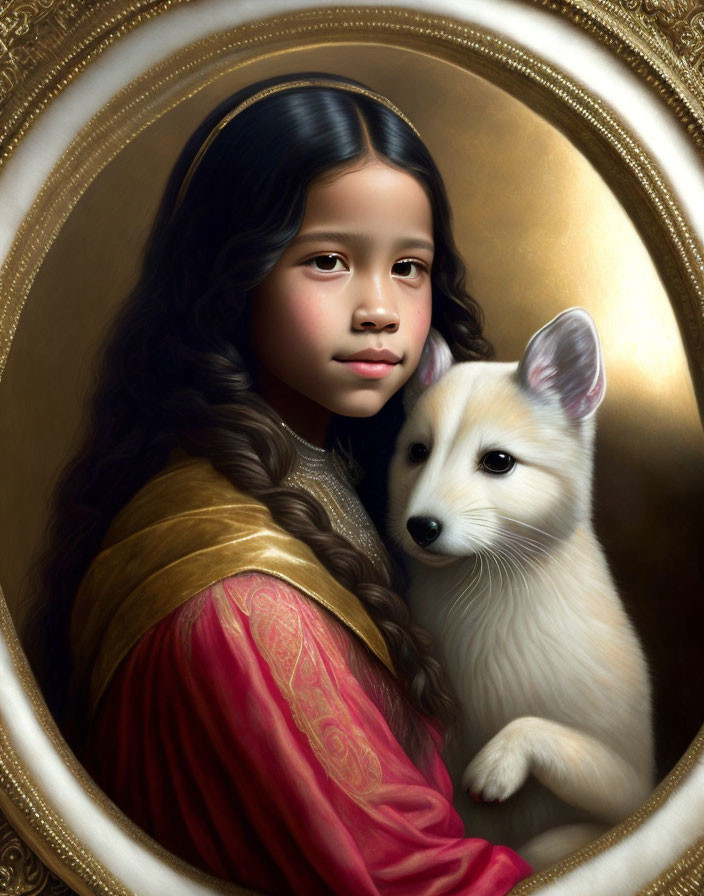 Portrait of Girl with Long Hair and Cream-Colored Puppy in Ornate Oval Frame