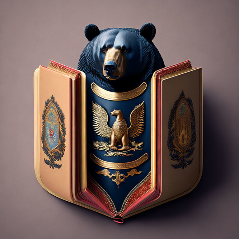 3D illustration of open book with bear head, ornate crests, eagle, and shields