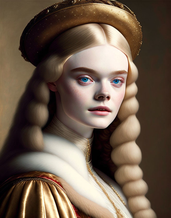 Portrait of Woman with Pale Skin, Blue Eyes, and Gold Renaissance Attire