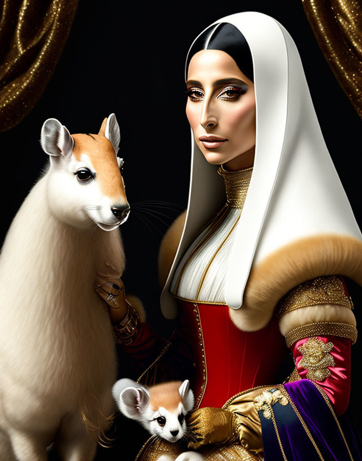 Stylized portrait of woman in nun's habit with modern makeup and small deer on dark background