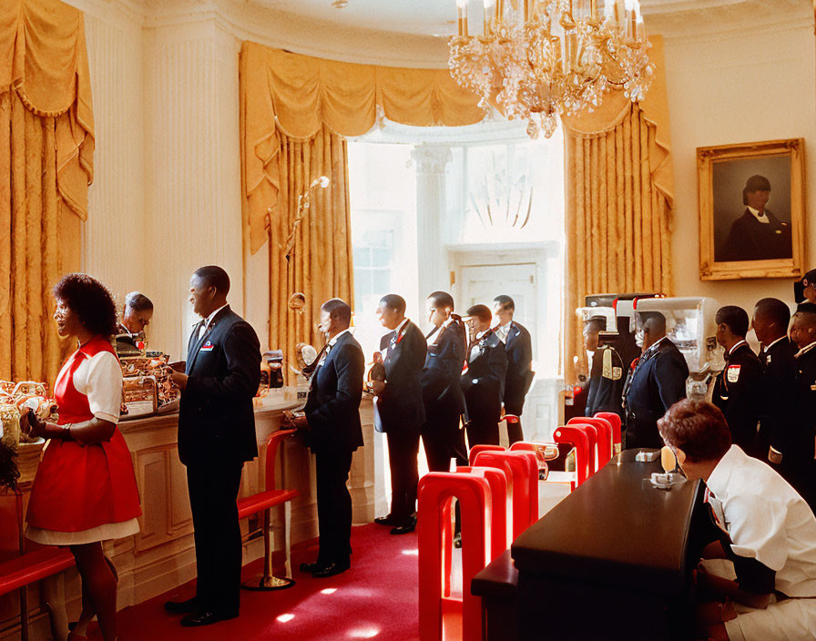 People in Formal Room with Red Chairs and Chandelier, Buffet Line and Served Dishes