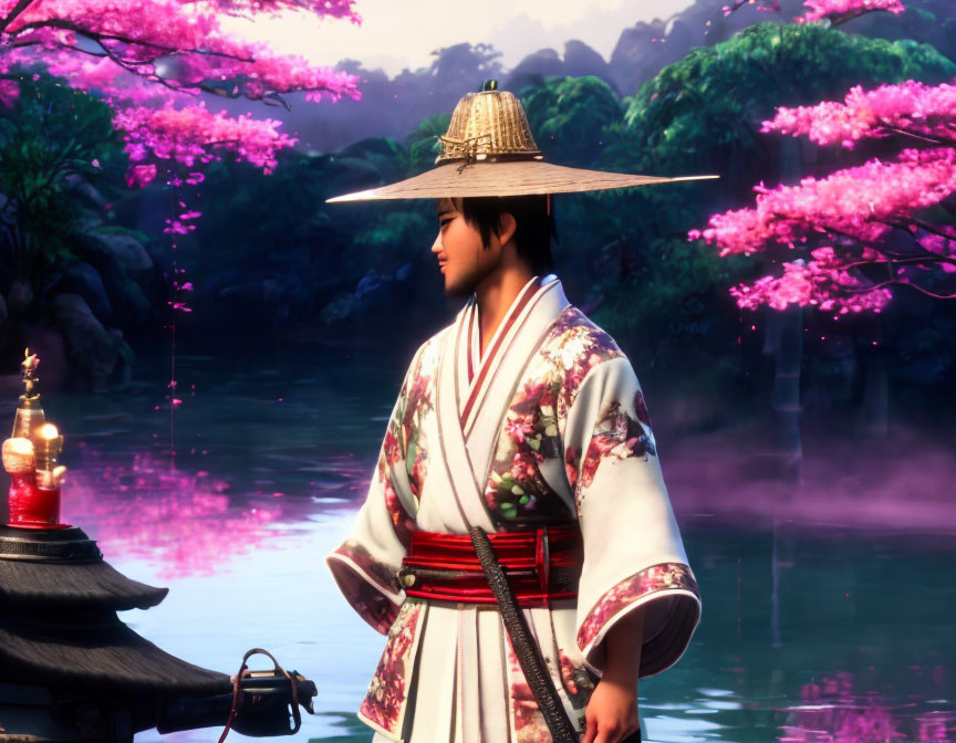 Digital artwork: Individual in Japanese attire at misty lake with pink blossoming trees