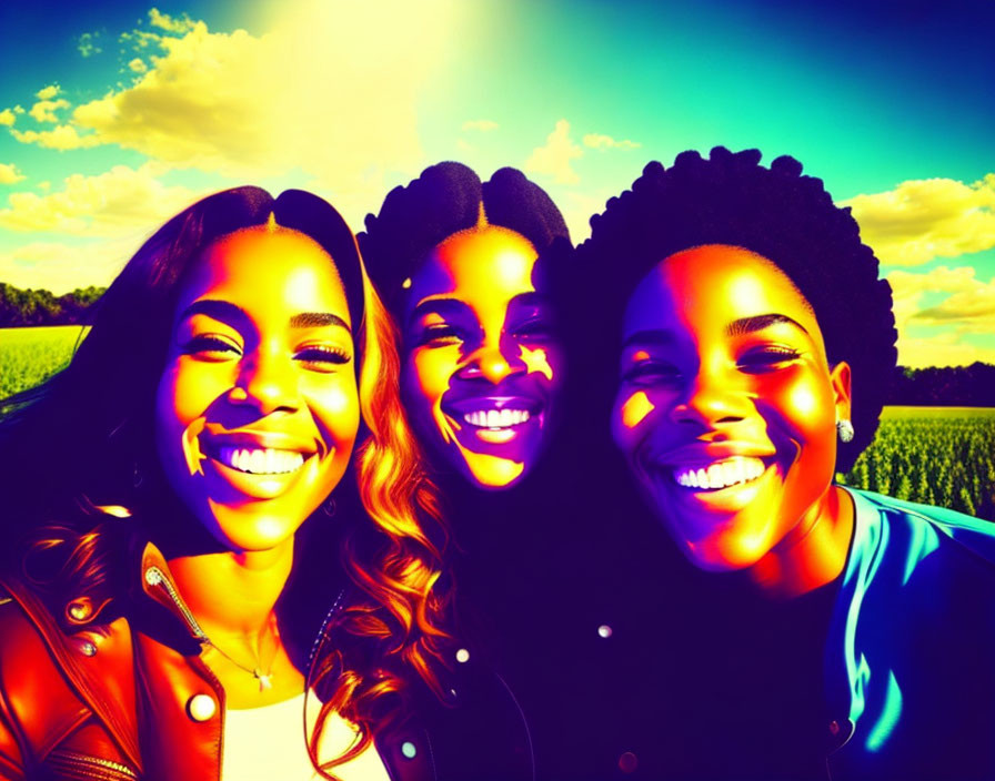 Three individuals with bright smiles in a field under a blue sky