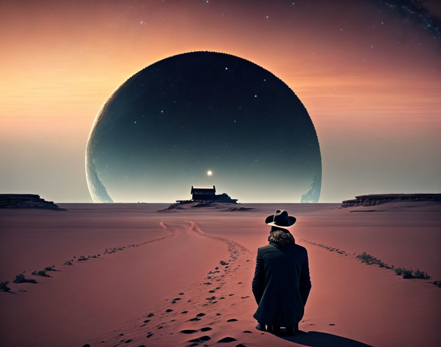 Two individuals observe planet rising over desert with footprints and lone house.