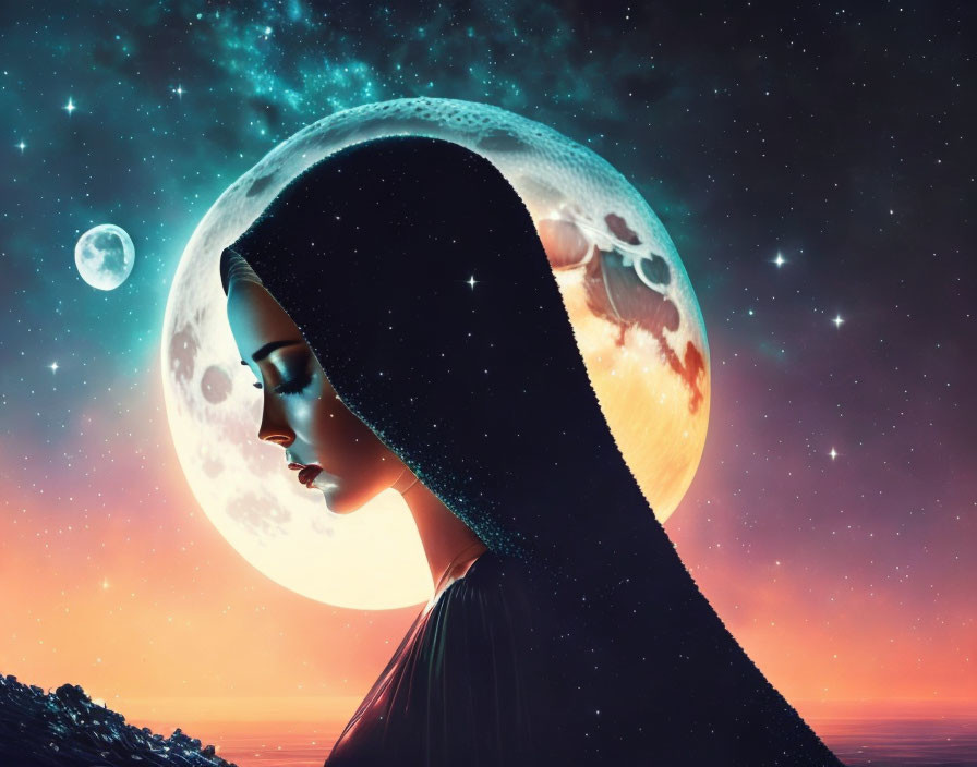 Composite Image: Woman's silhouette merges with cosmic moon, stars, surreal landscape