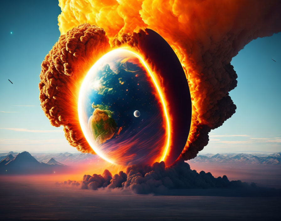 Surreal image of Earth split in half, one side on fire, one untouched