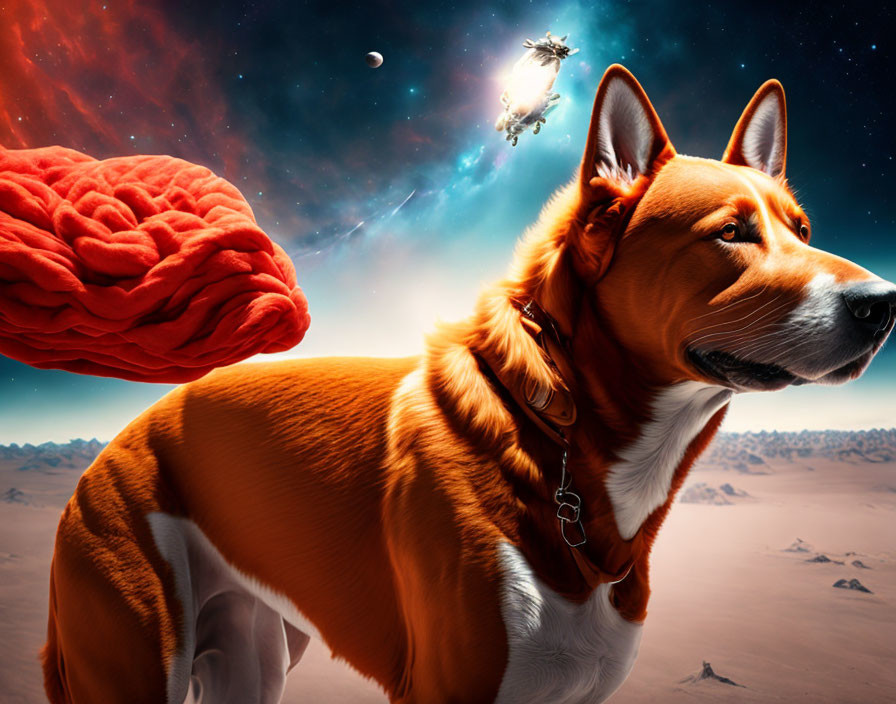 Colorful space-themed artwork: Dog with floating brain in desert landscape with spacecraft.