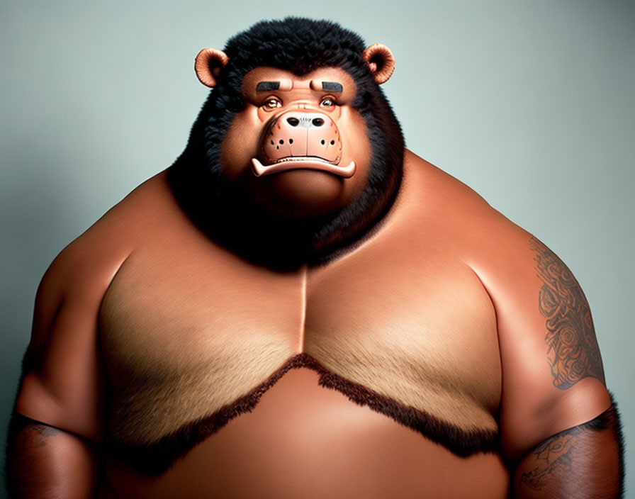 Animated gorilla with pierced ears and tribal tattoo.