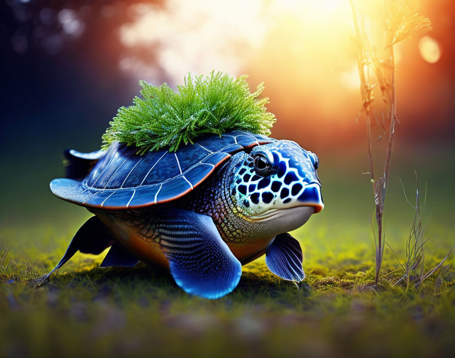 Colorful Turtle with Solar Panel Shell Walking on Grass