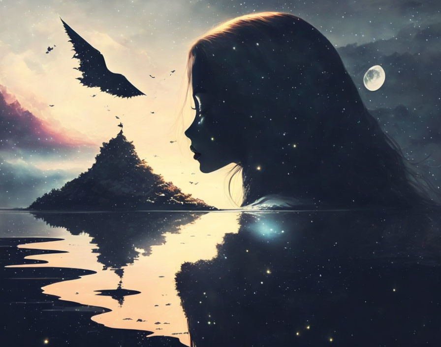 Woman's silhouette over reflective water with night sky, crescent moon, stars, bird, and island