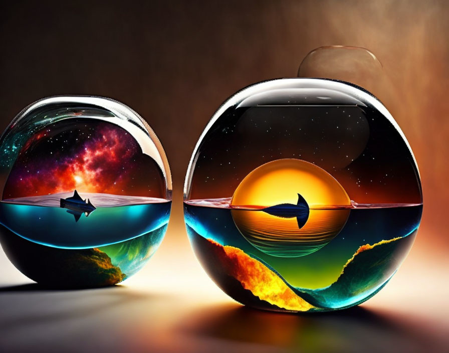 Vibrant fantasy landscapes in spherical fishbowls under dramatic lighting