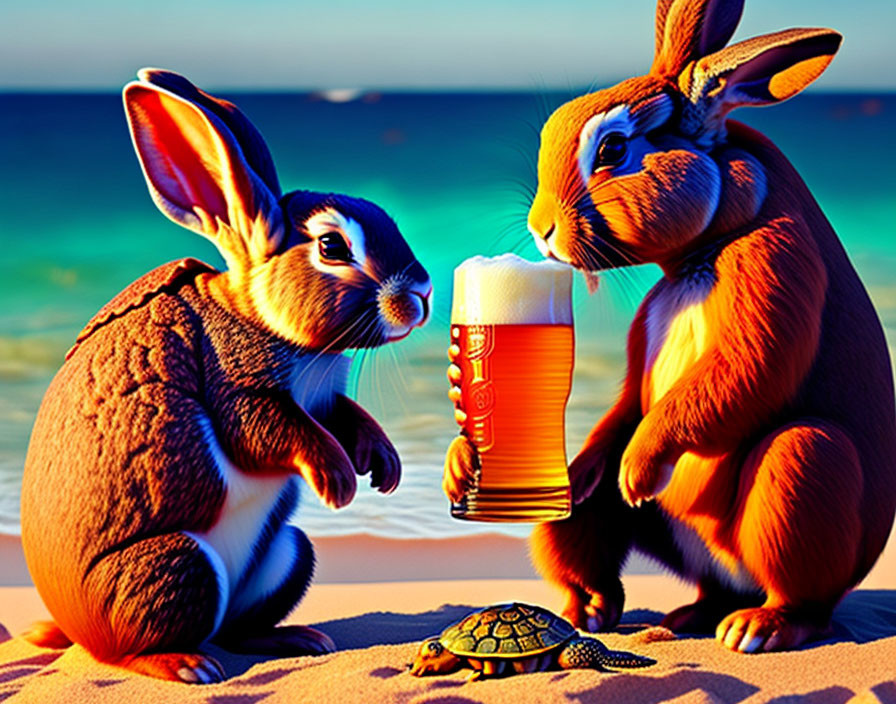 Animated rabbits, beer pint, and turtle at vibrant beach sunset