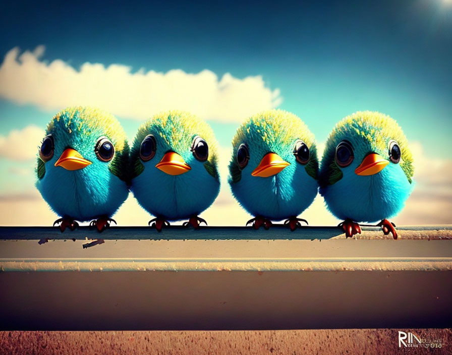 Four Cartoonish Blue Birds Perched on Ledge Against Cloudy Sky