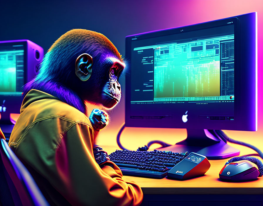 Baboon in Yellow Jacket at Computer Desk with Neon Lighting and Data Graphs