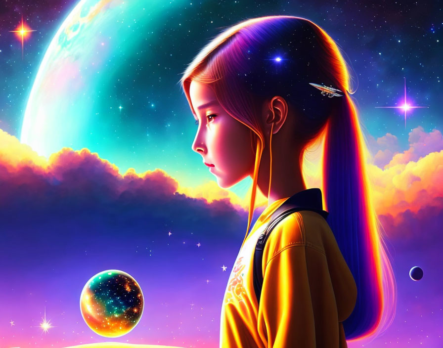 Vibrant cosmic background with animated girl gazing at glowing planets and stars