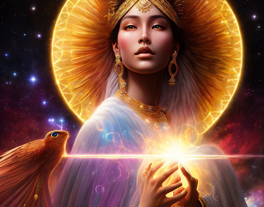 Celestial woman with halo, falcon, and glowing orb in starry setting