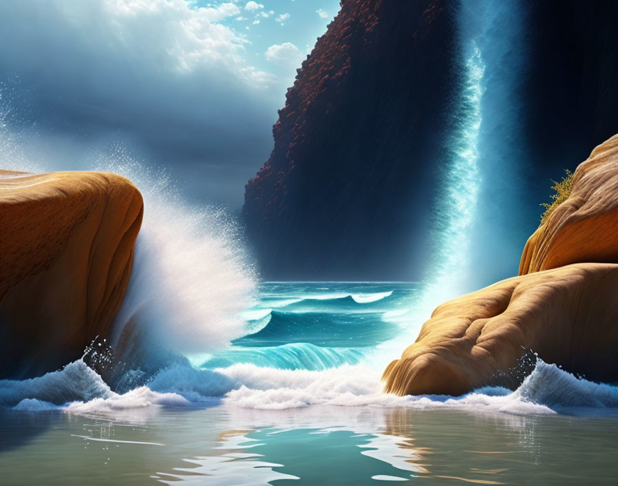 Tranquil beach scene with waterfall, cliffs, and clear skies