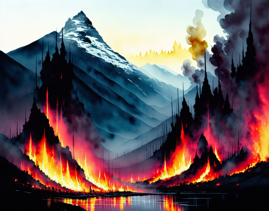 Mountainous landscape artwork with fiery forest fire and serene lake.