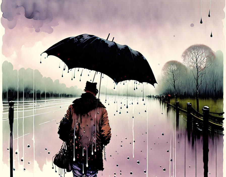 Person with umbrella walking in dreamlike purple landscape