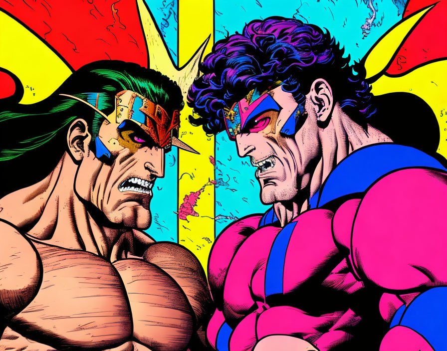 Muscular Comic Book Characters in Colorful Costumes Face Off