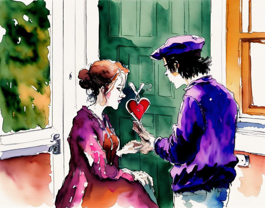 Watercolor illustration of man in purple cap giving heart-shaped object to woman by green door