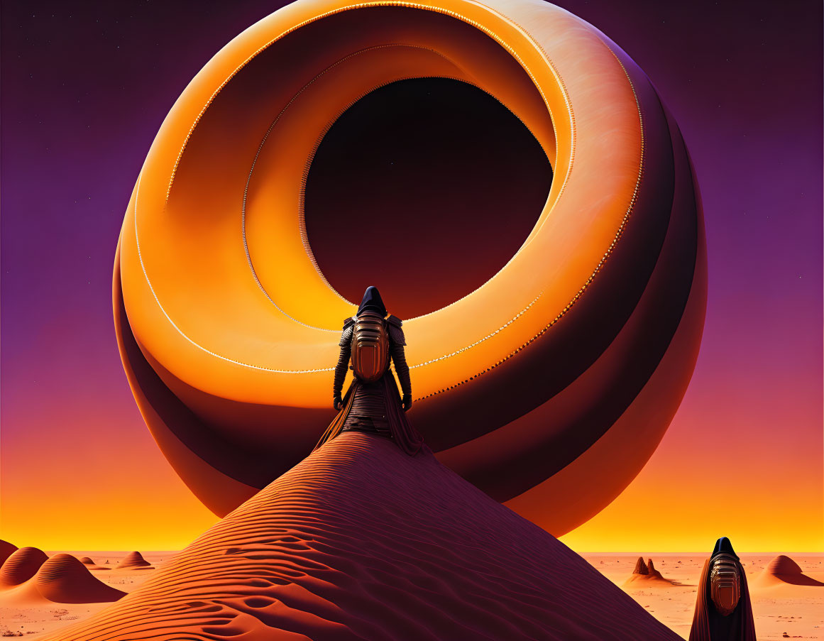 Person in black gazes at giant ring structure on alien desert landscape