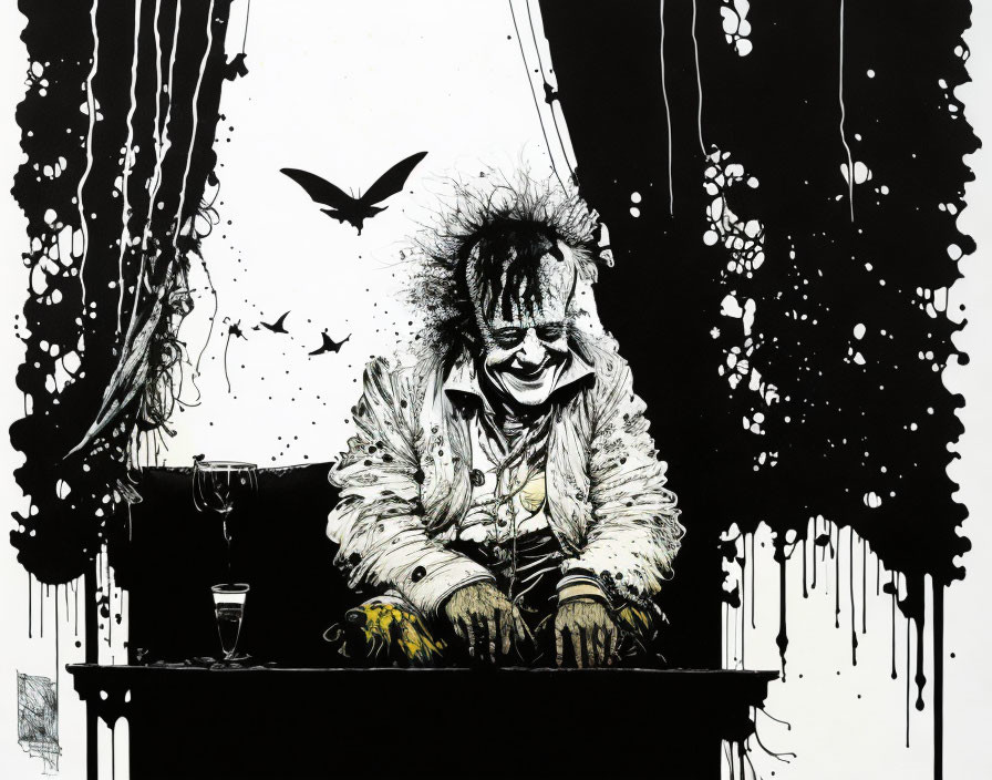 Monochrome illustration of disheveled clown with drink, ink splatters, and butterfly.