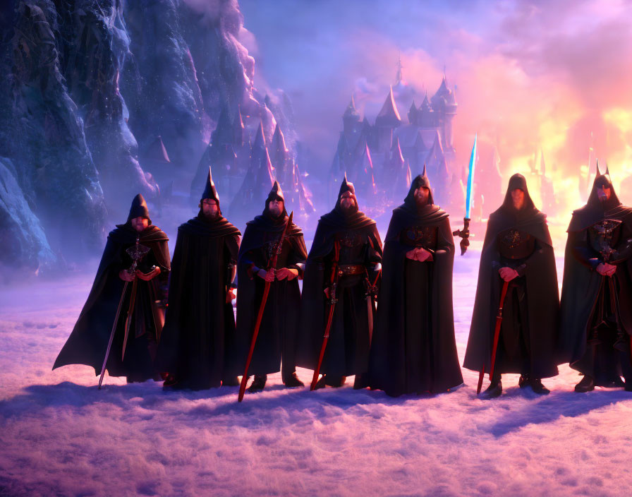 Cloaked figures with glowing swords in icy and fiery contrast