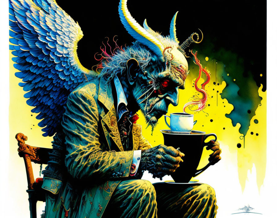 Fantastical creature in suit sipping from cup on surreal background