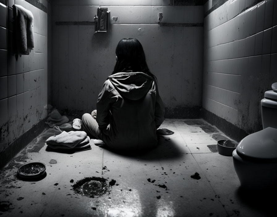 Person sitting in dimly lit, cluttered bathroom scene