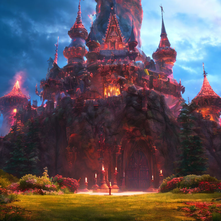 Enchanting illuminated castle on craggy hill at dusk