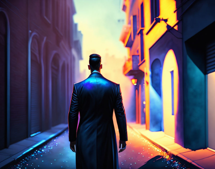 Man in suit standing in alleyway at dusk with long shadows and twilight sky.