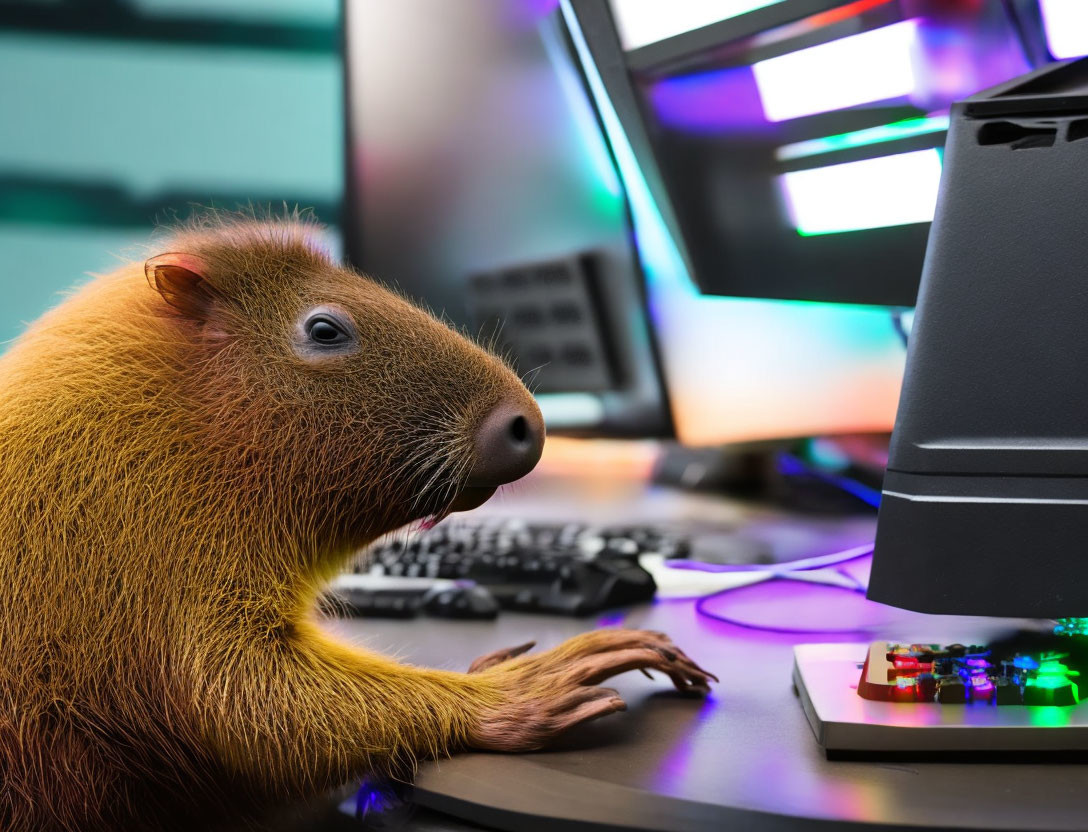 Capybara at computer desk with paws on keyboard