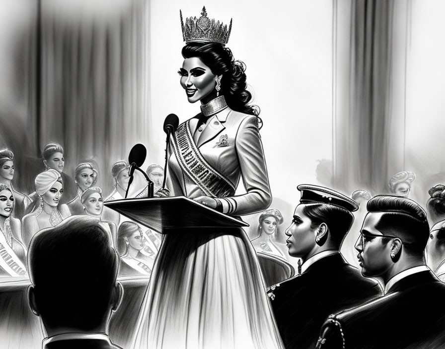 Monochrome illustration of a woman with crown addressing audience