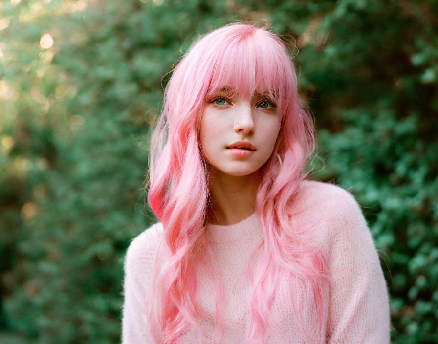 Pink-haired woman in pink sweater against green blurred background