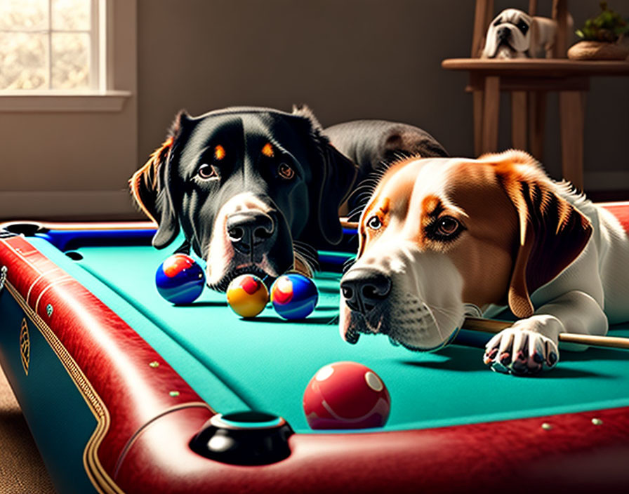 Two dogs on pool table with billiard balls, room with window.