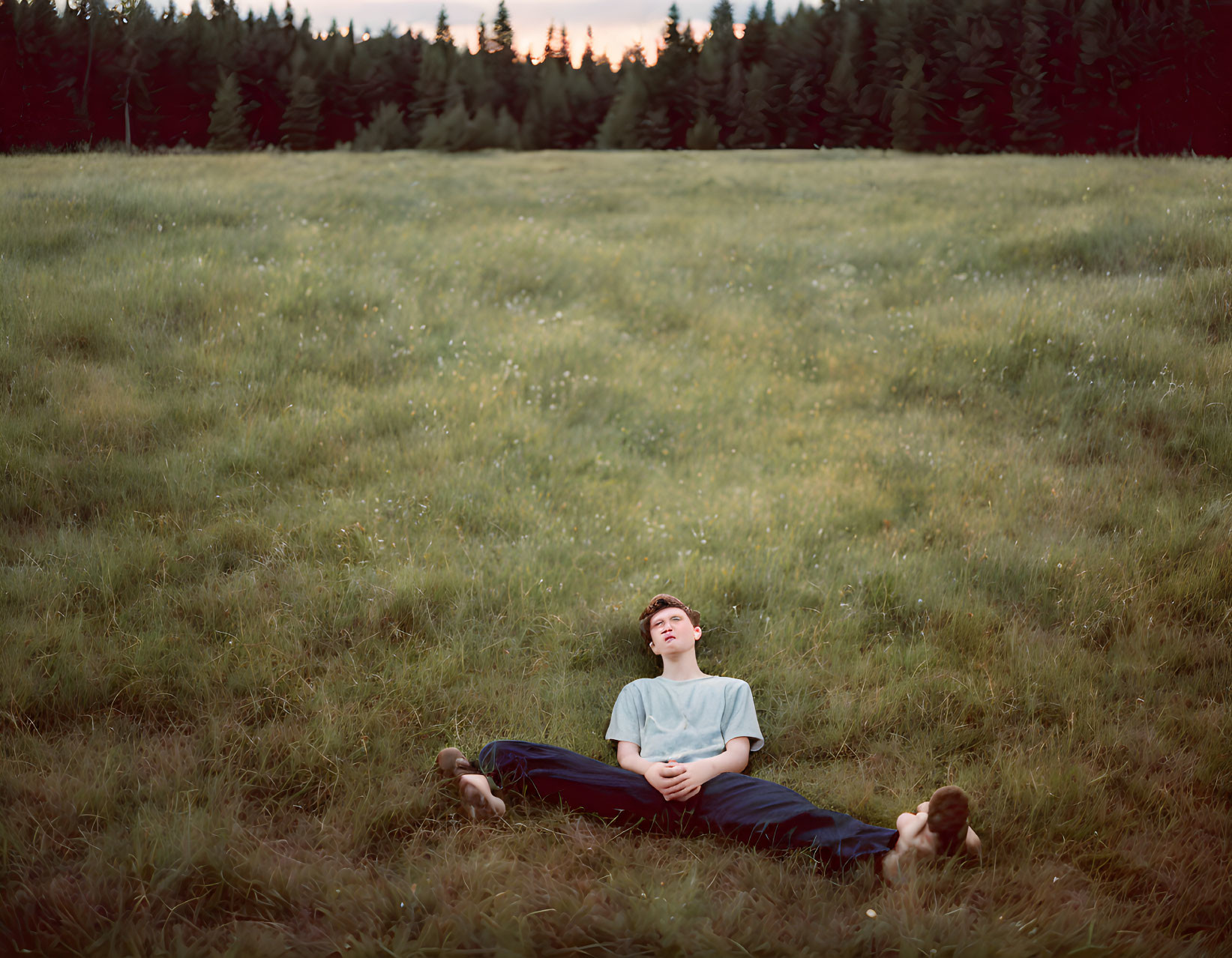 Person reclining in lush meadow with closed eyes under dusky sky surrounded by trees