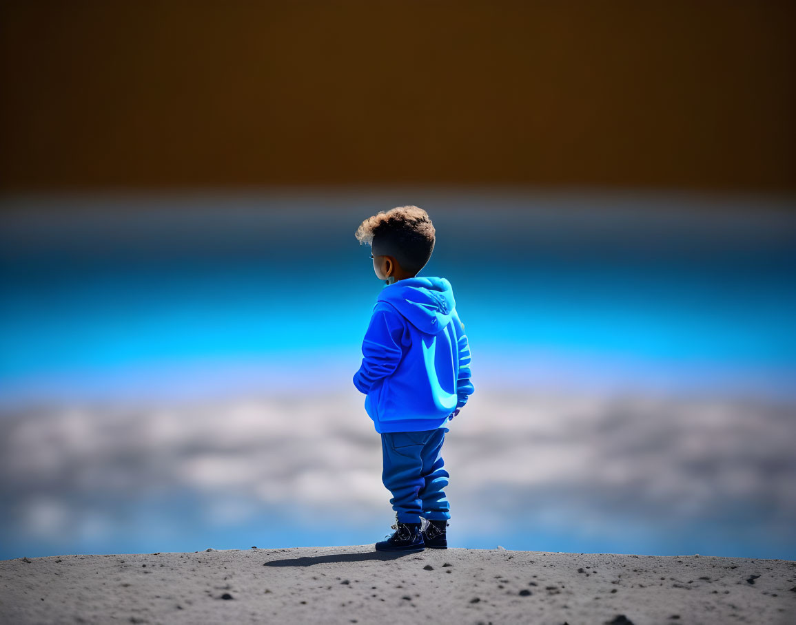 Child in Blue Hoodie Stands by Tranquil Blue Water