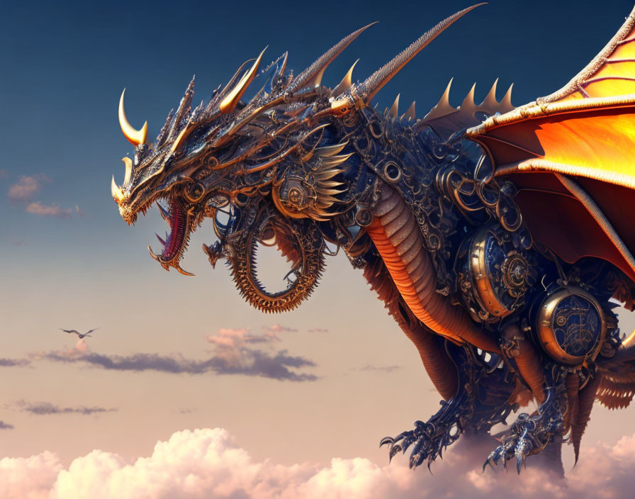 Mechanical dragon with metallic scales and spread wings under cloudy sky