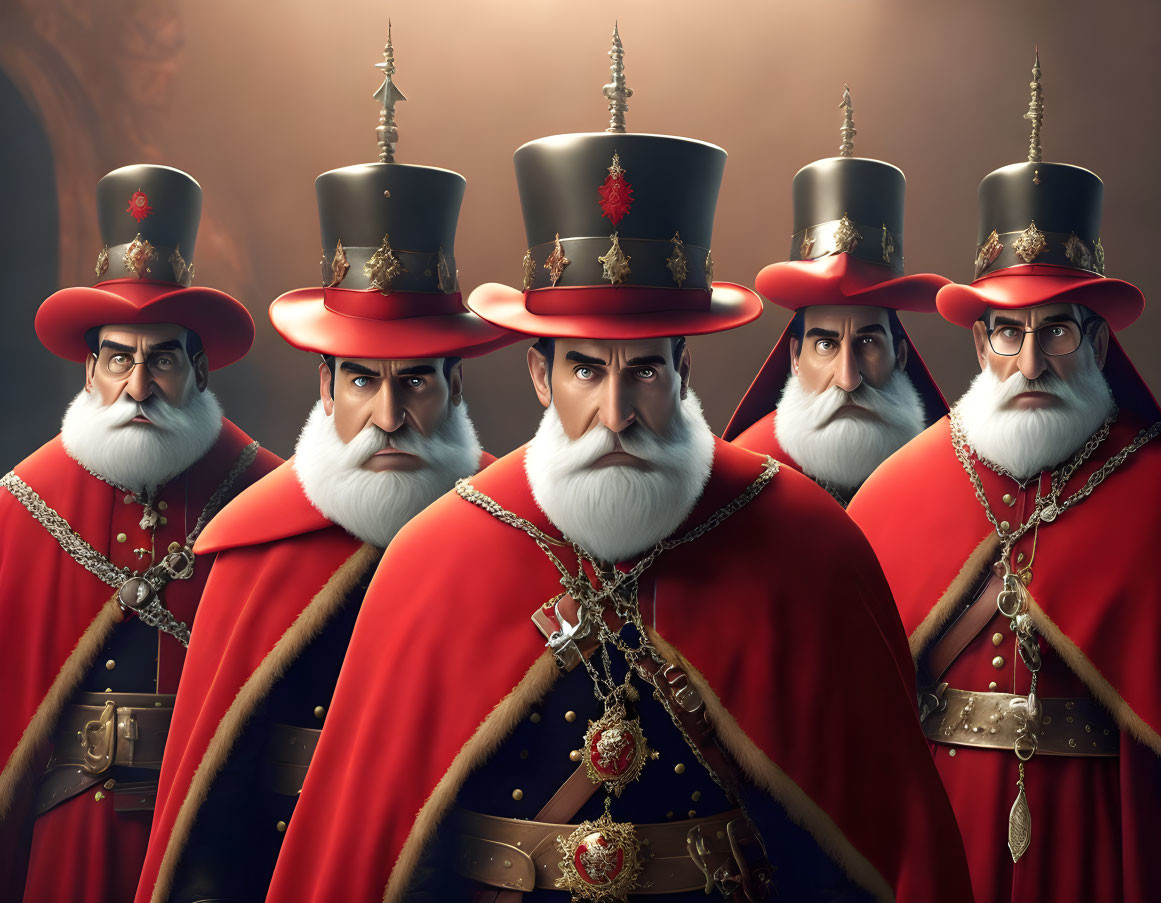 Stylized animated guards in red uniforms and top hats in a smoky setting