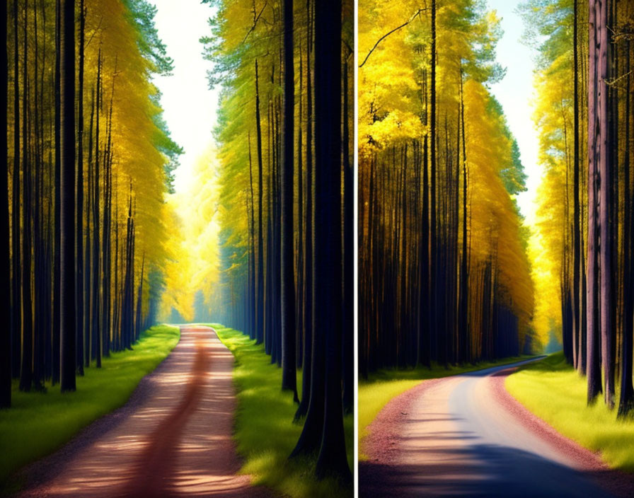 Tranquil diptych of forest path views with sunlight and shadows