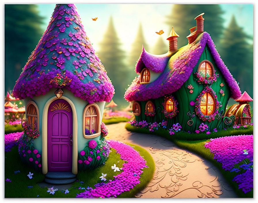 Colorful Flower-Covered Roofs in Enchanted Forest Setting