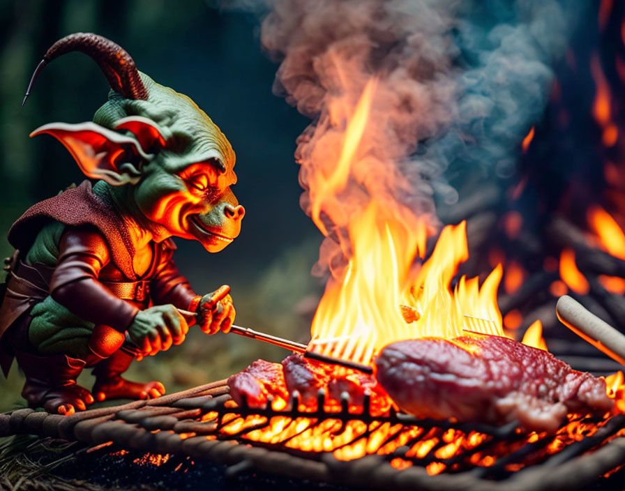 Mythical creature with pointy ears grilling meat at night