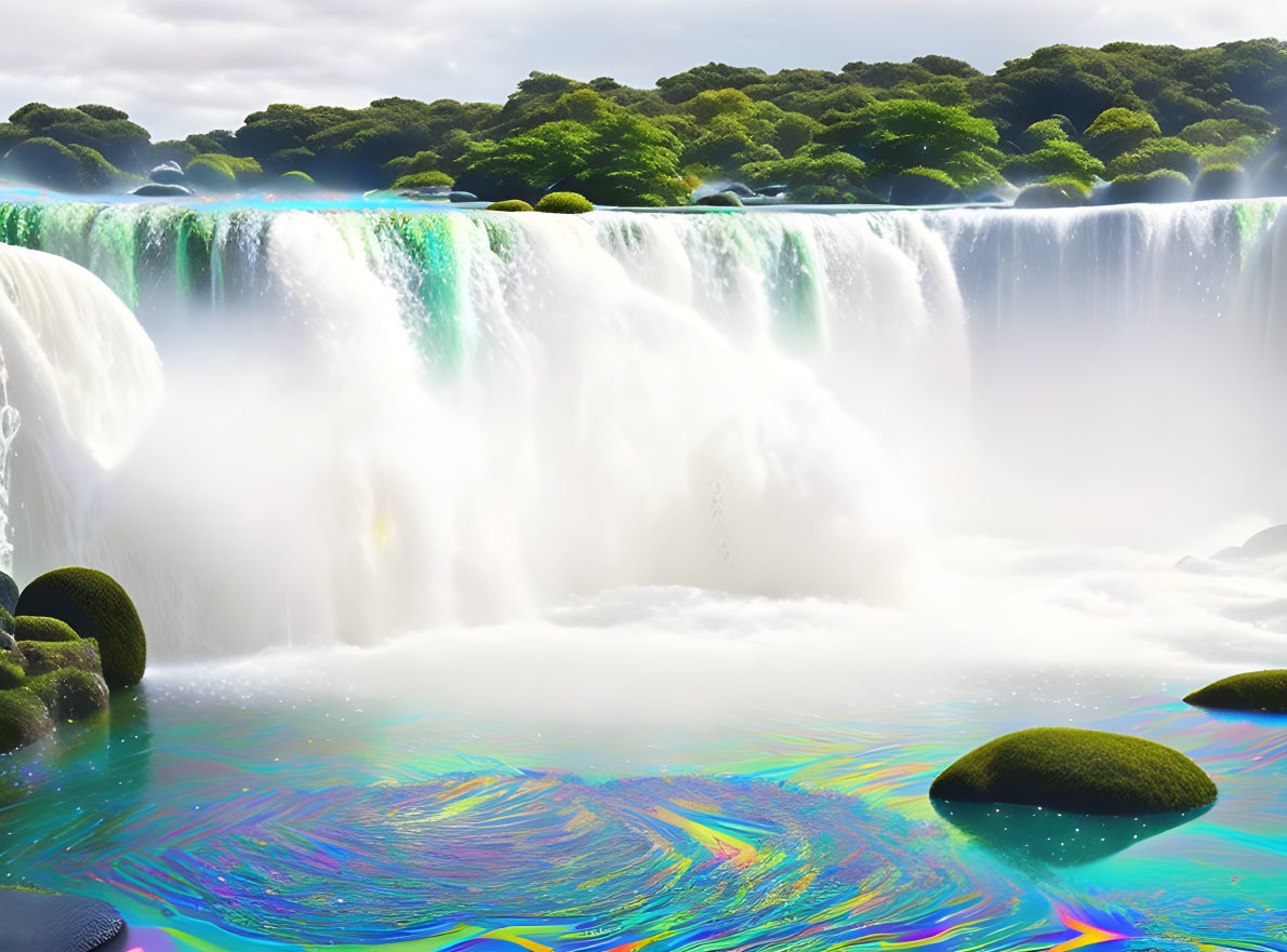 Vivid rainbow waterfall in lush greenery